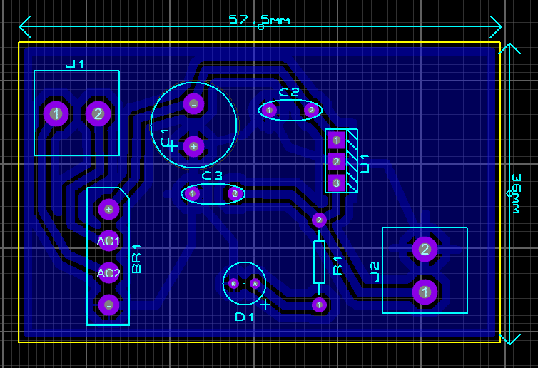 Typon et routage ARES du circuit imprimé 57.5mm x 36mm