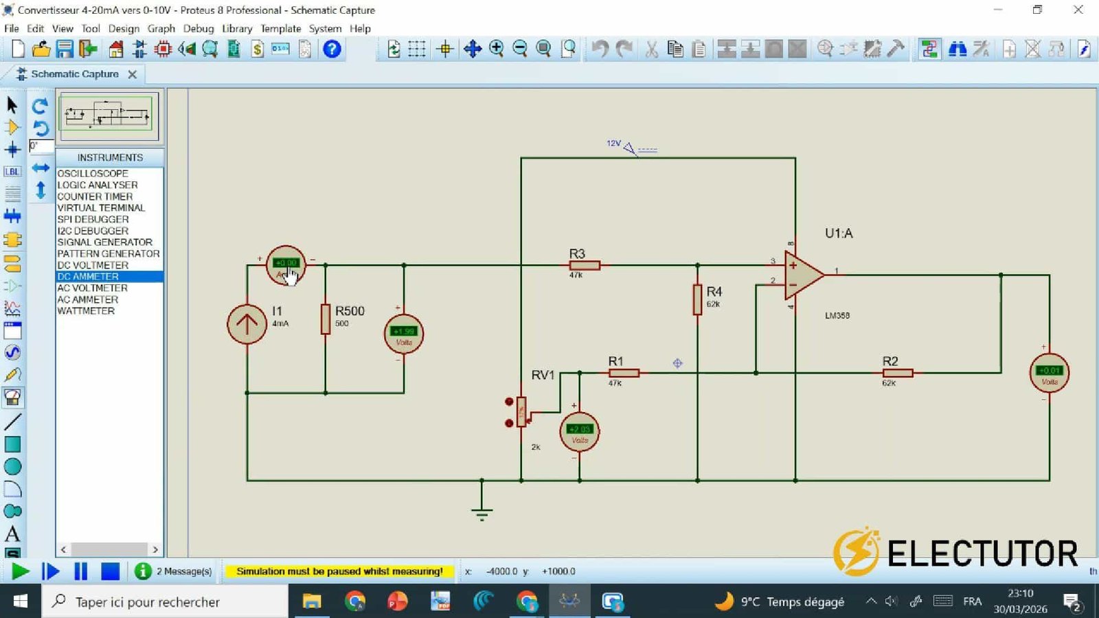 Schéma de simulation du convertisseur 4-20mA vers 0-10V avec AOP LM358